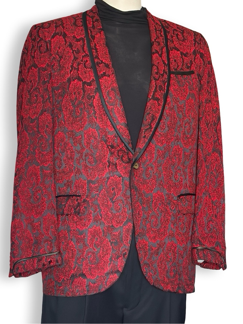 Vintage 1960s Red Brocade Shawl Collar Tuxedo Jacket Black Pants Suit Rat Pack